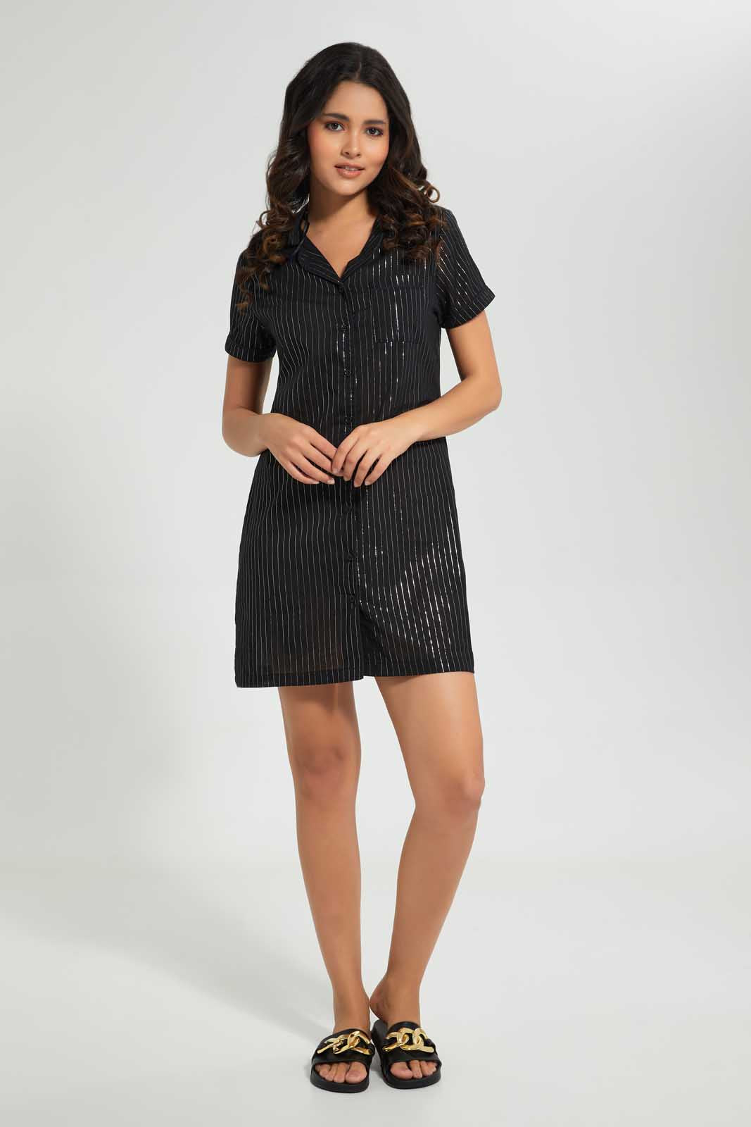 Redtag-Black-Striped-Yarn-Dyed-Nightshirt-Category:Nightshirts,-Colour:Black,-Deals:3-For-90,-Deals:Sale,-Filter:Women's-Clothing,-S22C,-Sale-LDN-APL,-Section:Women,-Women-Nightshirts--