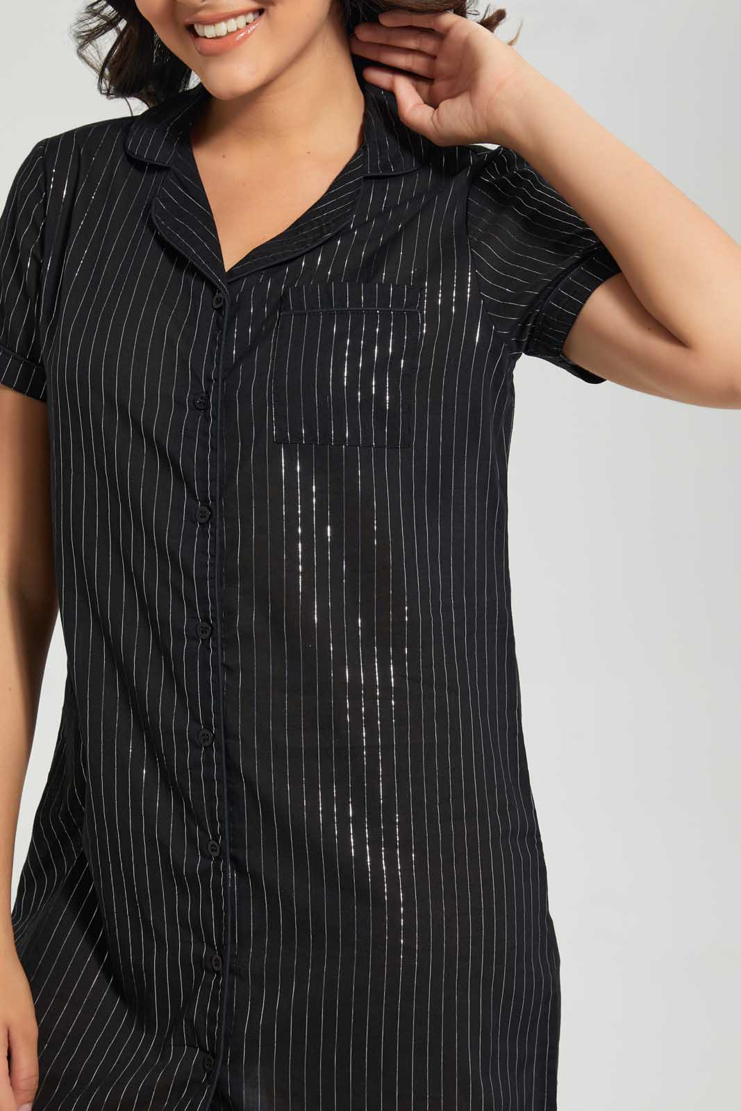 Redtag-Black-Striped-Yarn-Dyed-Nightshirt-Category:Nightshirts,-Colour:Black,-Deals:3-For-90,-Deals:Sale,-Filter:Women's-Clothing,-S22C,-Sale-LDN-APL,-Section:Women,-Women-Nightshirts--