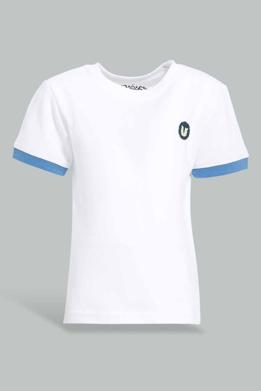 Redtag-White-Pique-Short-Sleeve-Tshirt-With-Navy-Contrast-Sleeve-Bundle,-Category:T-Shirts,-Colour:White,-Deals:4-For-90,-Deals:New-In,-Filter:Infant-Boys-(3-to-24-Mths),-INB-T-Shirts,-New-In-INB-APL,-S22D,-Section:Boys-(0-to-14Yrs),-TBL-Infant-Boys-