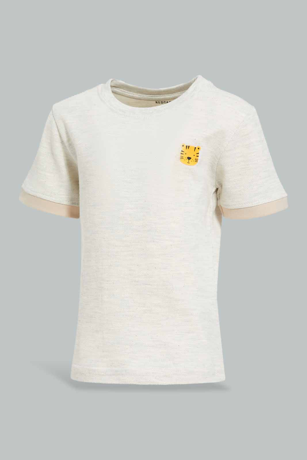 Redtag-Ecru-Melange-Short-Sleeve-Tshirt-With-Brown-Contrast-Sleeve-Tshirt-Bundle,-Category:T-Shirts,-Colour:Ecru,-Deals:4-For-90,-Deals:New-In,-Filter:Infant-Boys-(3-to-24-Mths),-INB-T-Shirts,-New-In-INB-APL,-S22D,-Section:Boys-(0-to-14Yrs),-TBL-Infant-Boys-