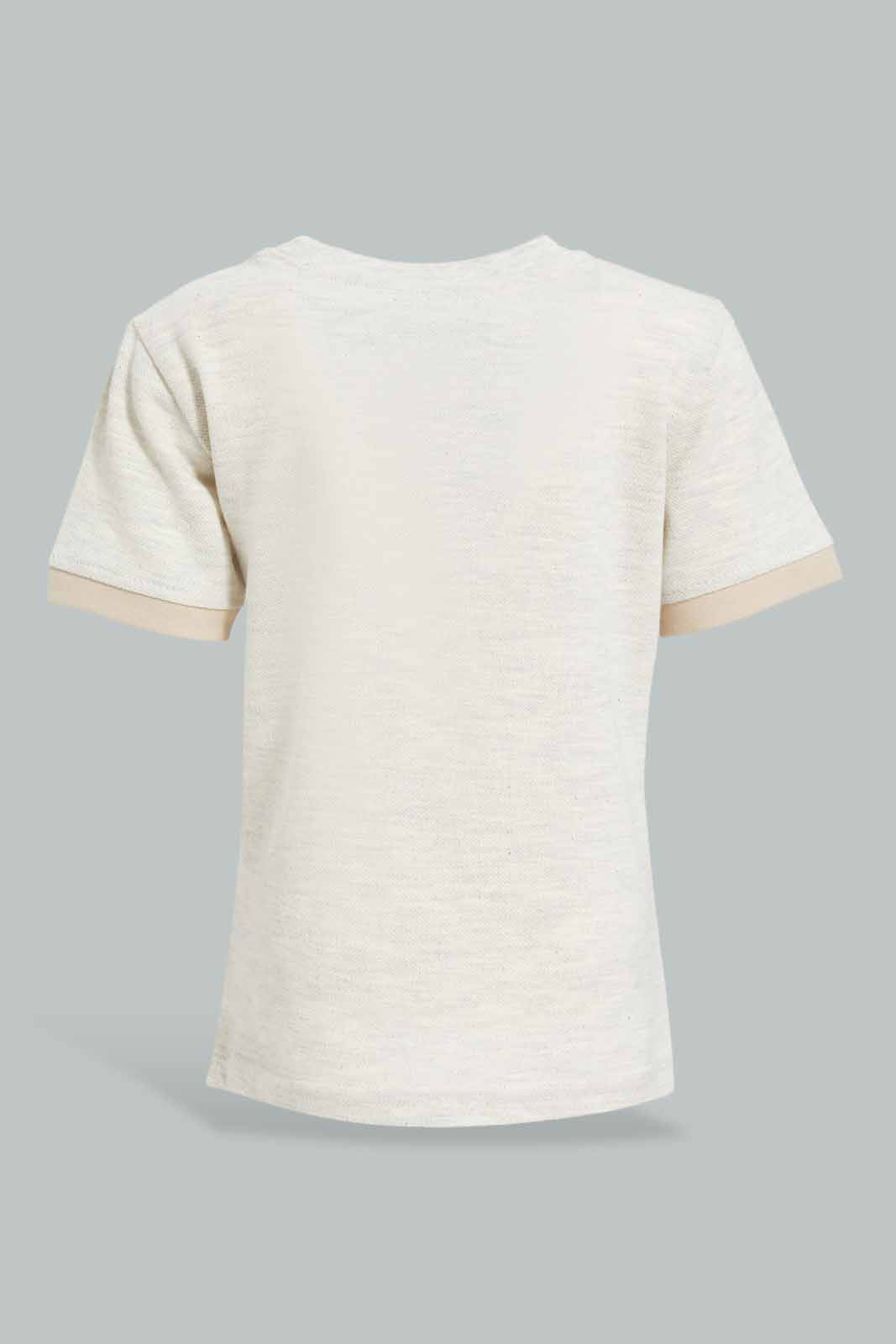 Redtag-Ecru-Melange-Short-Sleeve-Tshirt-With-Brown-Contrast-Sleeve-Tshirt-Bundle,-Category:T-Shirts,-Colour:Ecru,-Deals:4-For-90,-Deals:New-In,-Filter:Infant-Boys-(3-to-24-Mths),-INB-T-Shirts,-New-In-INB-APL,-S22D,-Section:Boys-(0-to-14Yrs),-TBL-Infant-Boys-