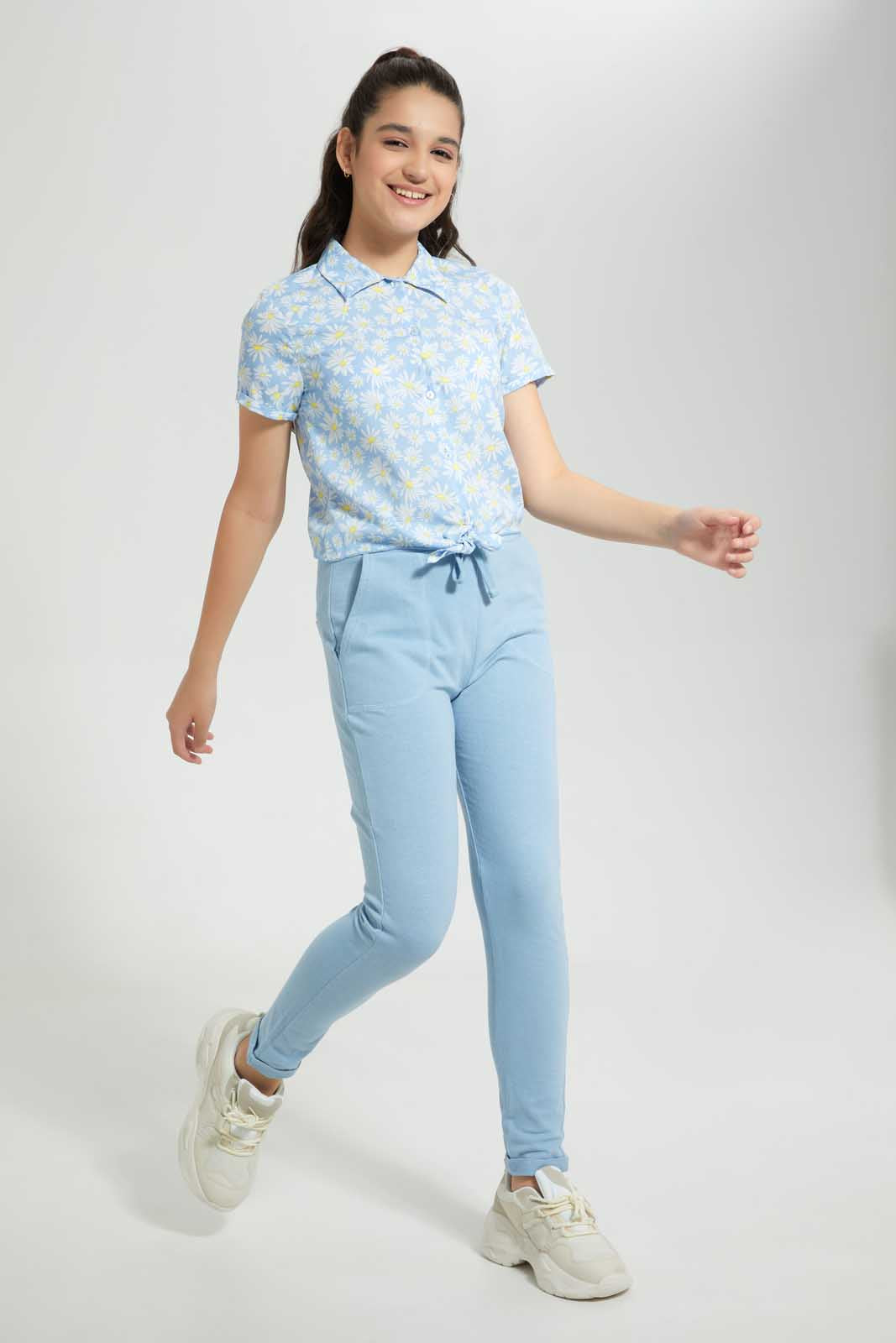 Redtag-Green-Floral-Front-Tie-Crop-Shirt-Cropped-Tops-Senior-Girls-9 to 14 Years