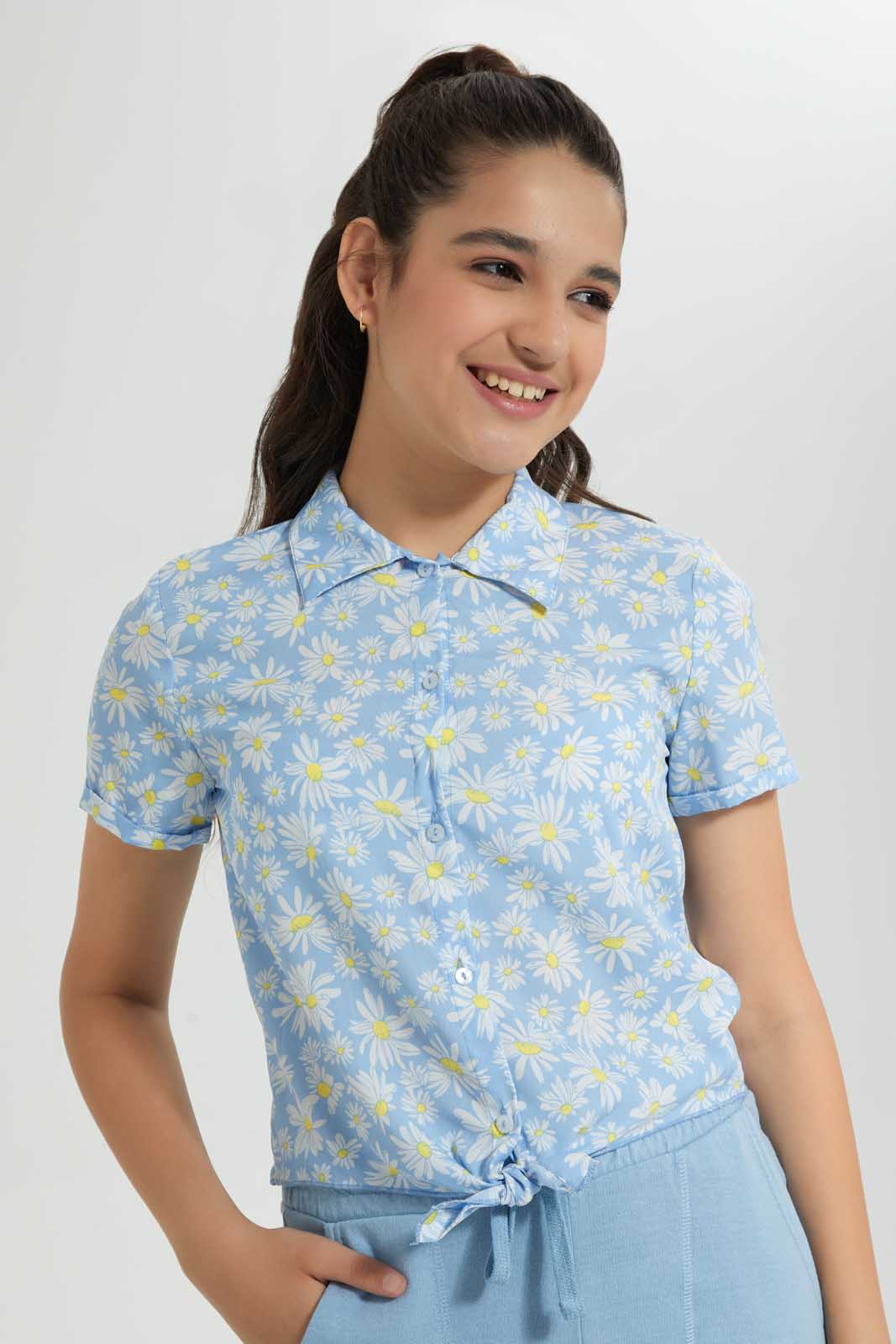 Redtag-Green-Floral-Front-Tie-Crop-Shirt-Cropped-Tops-Senior-Girls-9 to 14 Years