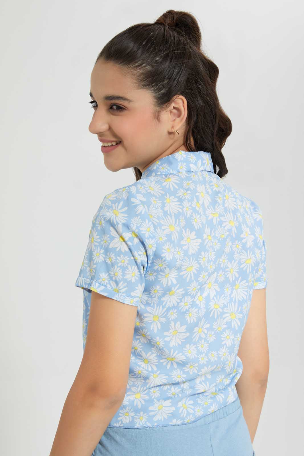 Redtag-Green-Floral-Front-Tie-Crop-Shirt-Cropped-Tops-Senior-Girls-9 to 14 Years