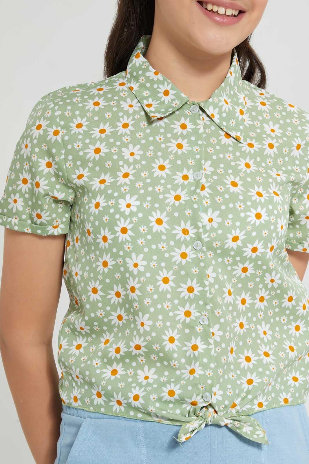 Redtag-Blue/Yellow-Floral-Front-Tie-Crop-Shirt-Cropped-Tops-Senior-Girls-9 to 14 Years
