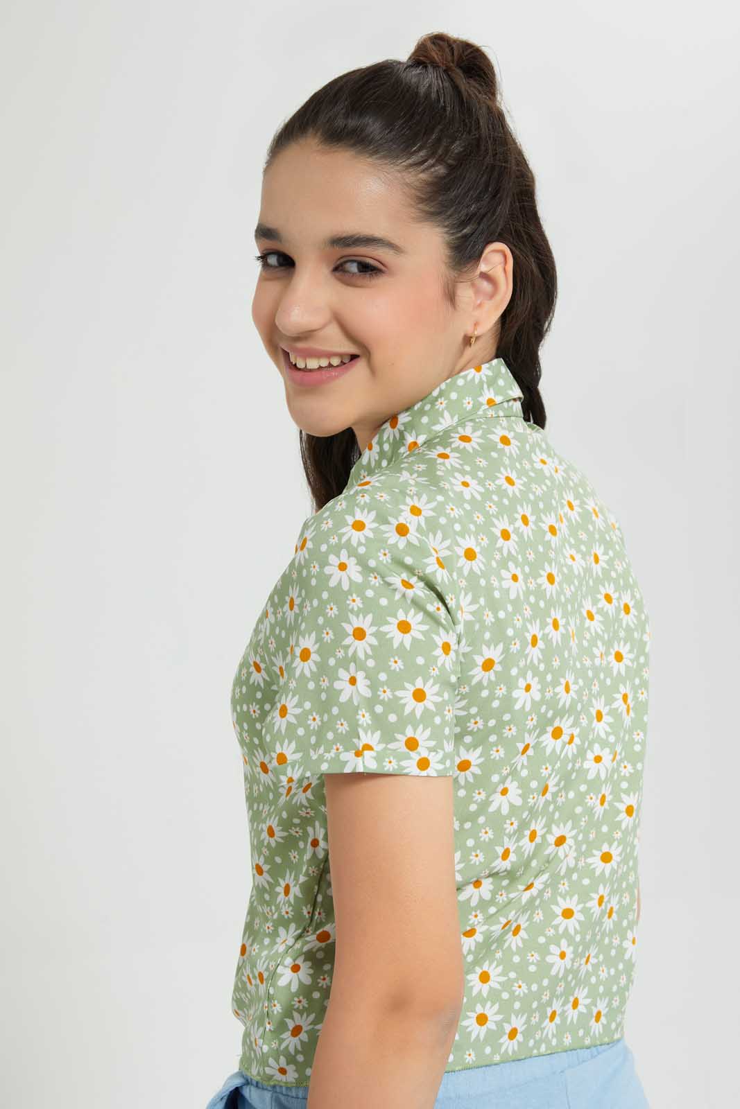 Redtag-Blue/Yellow-Floral-Front-Tie-Crop-Shirt-Cropped-Tops-Senior-Girls-9 to 14 Years