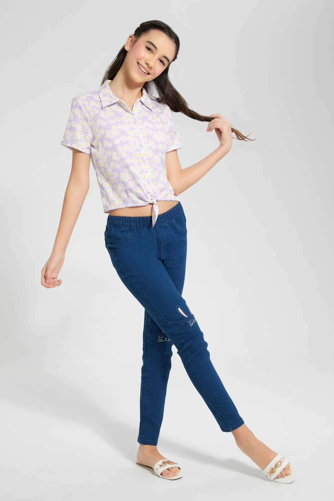 Redtag-Purple-Floral-Front-Tie-Crop-Shirt-Category:Blouses,-Colour:Assorted,-Filter:Senior-Girls-(9-to-14-Yrs),-GSR-Blouses,-New-In,-New-In-GSR-APL,-Non-Sale,-PPE,-RMD-add,-S22C,-Section:Kidswear-Senior-Girls-9 to 14 Years