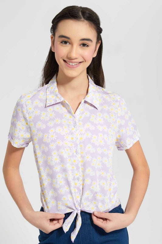 Redtag-Purple-Floral-Front-Tie-Crop-Shirt-Category:Blouses,-Colour:Assorted,-Filter:Senior-Girls-(9-to-14-Yrs),-GSR-Blouses,-New-In,-New-In-GSR-APL,-Non-Sale,-PPE,-RMD-add,-S22C,-Section:Kidswear-Senior-Girls-9 to 14 Years