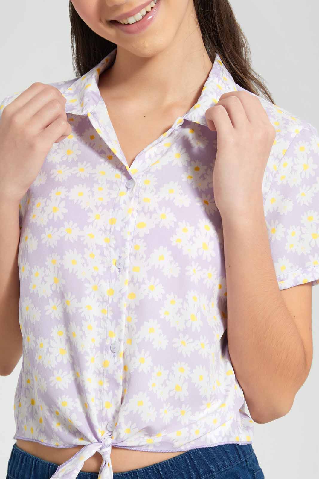Redtag-Purple-Floral-Front-Tie-Crop-Shirt-Category:Blouses,-Colour:Assorted,-Filter:Senior-Girls-(9-to-14-Yrs),-GSR-Blouses,-New-In,-New-In-GSR-APL,-Non-Sale,-PPE,-RMD-add,-S22C,-Section:Kidswear-Senior-Girls-9 to 14 Years