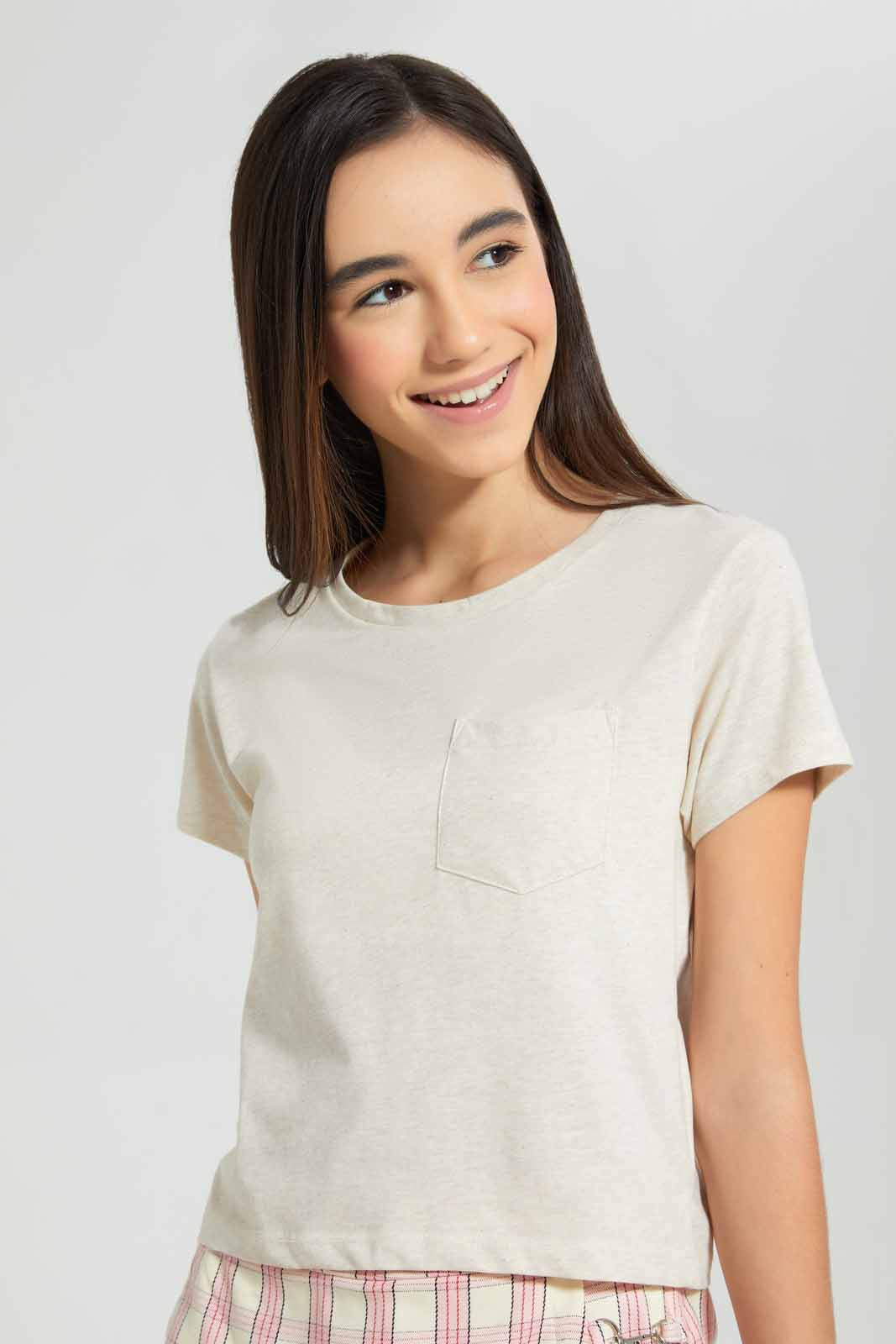Redtag-White/Beige-2Pcs-Pack-T-Shirt-With-Pocket-Plain-T-Shirts-Senior-Girls-9 to 14 Years