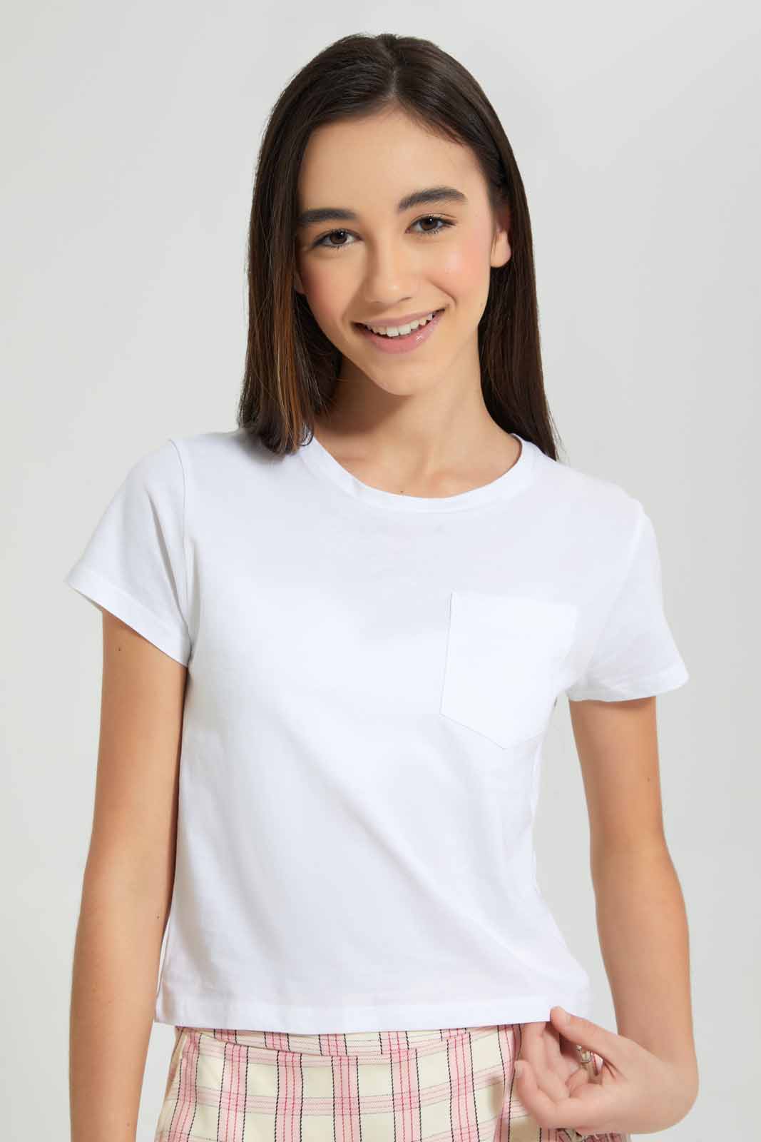 Redtag-White/Beige-2Pcs-Pack-T-Shirt-With-Pocket-Plain-T-Shirts-Senior-Girls-9 to 14 Years