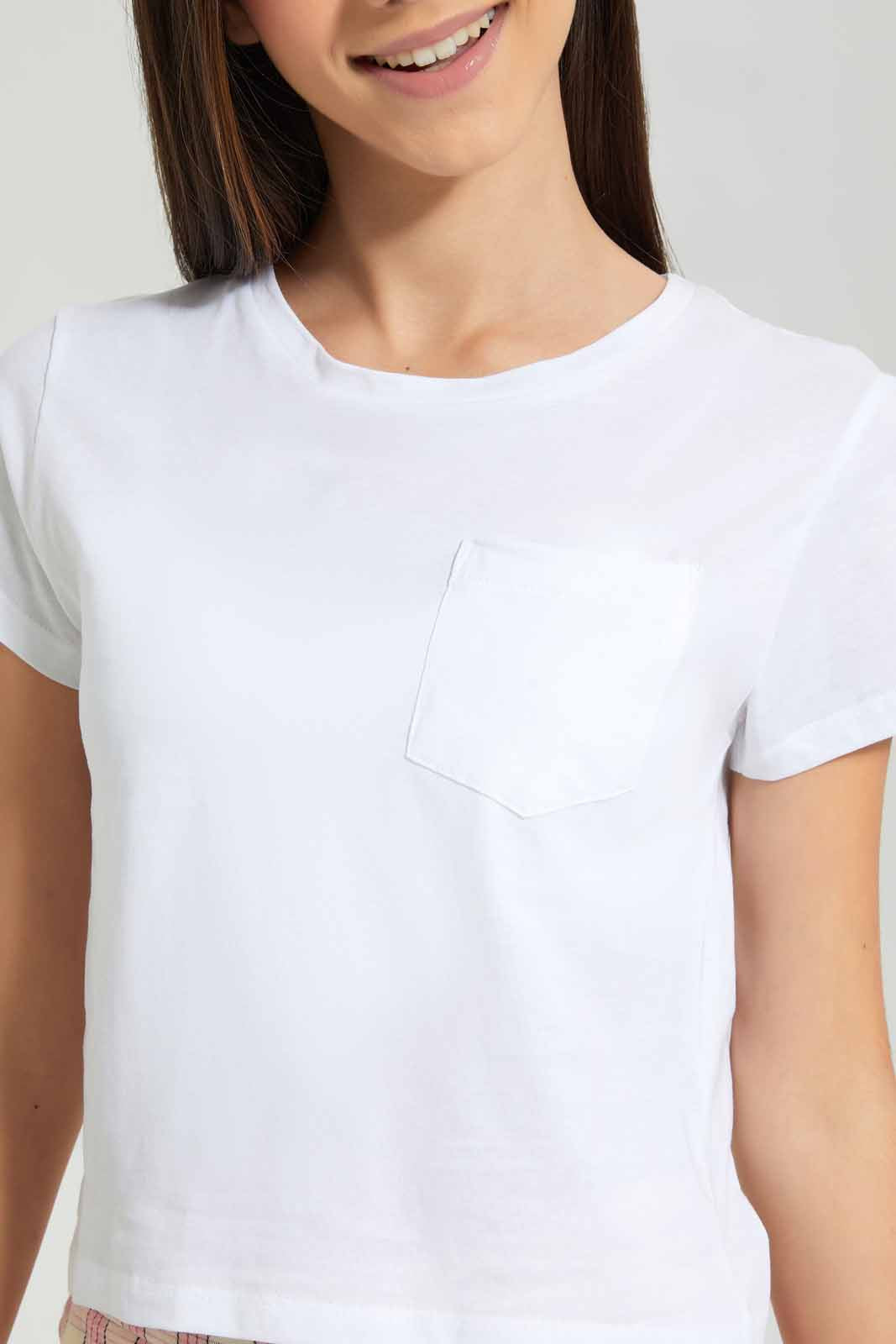 Redtag-White/Beige-2Pcs-Pack-T-Shirt-With-Pocket-Plain-T-Shirts-Senior-Girls-9 to 14 Years