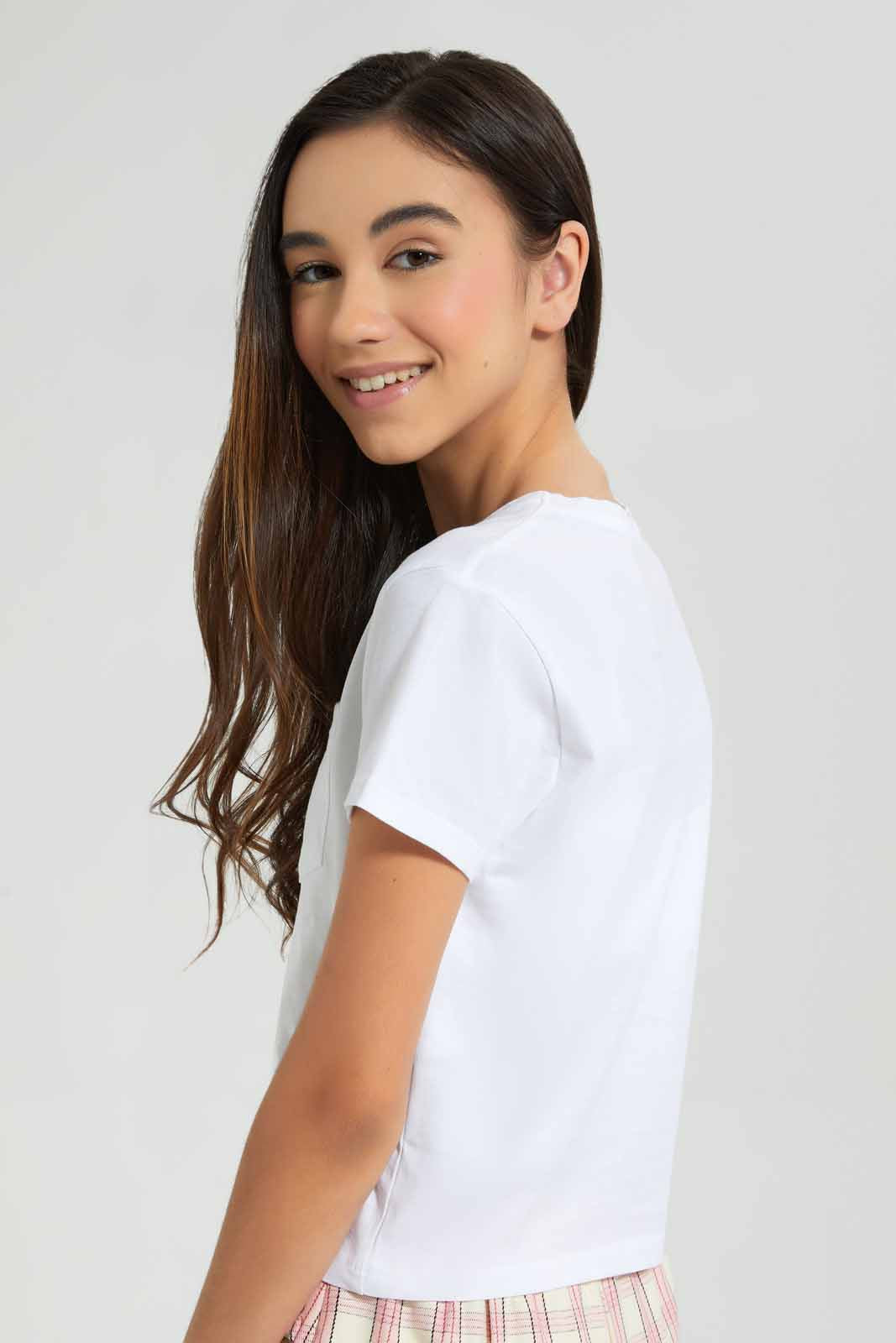 Redtag-White/Beige-2Pcs-Pack-T-Shirt-With-Pocket-Plain-T-Shirts-Senior-Girls-9 to 14 Years