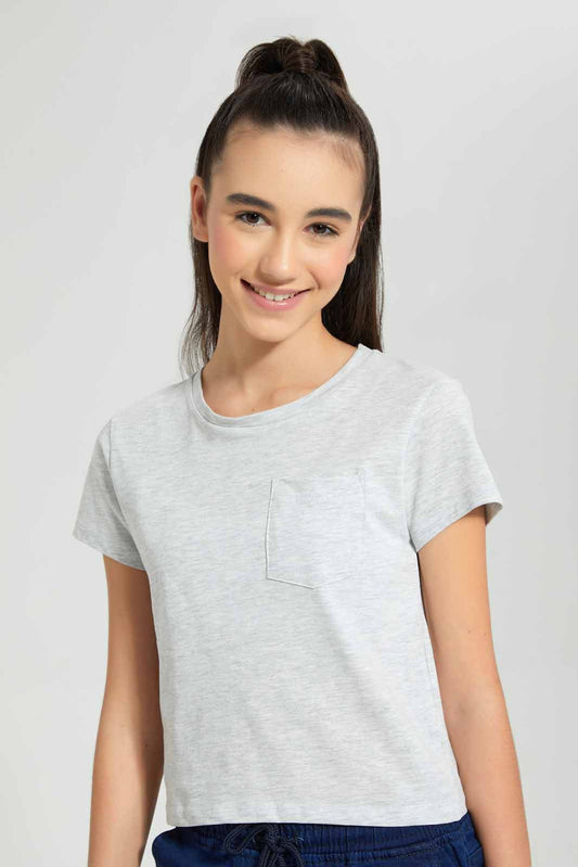 Redtag-Pink/Lt-Grey-2Pcs-Pack-T-Shirt-With-Pocket-Plain-T-Shirts-Senior-Girls-9 to 14 Years