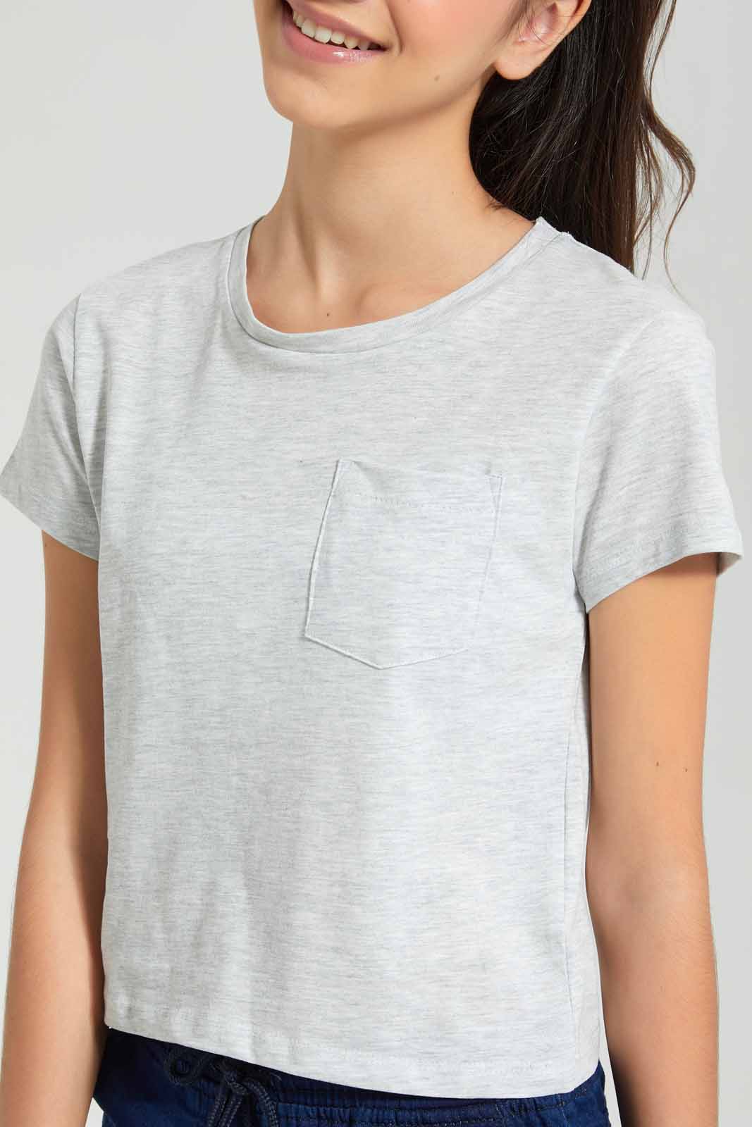 Redtag-Pink/Lt-Grey-2Pcs-Pack-T-Shirt-With-Pocket-Plain-T-Shirts-Senior-Girls-9 to 14 Years