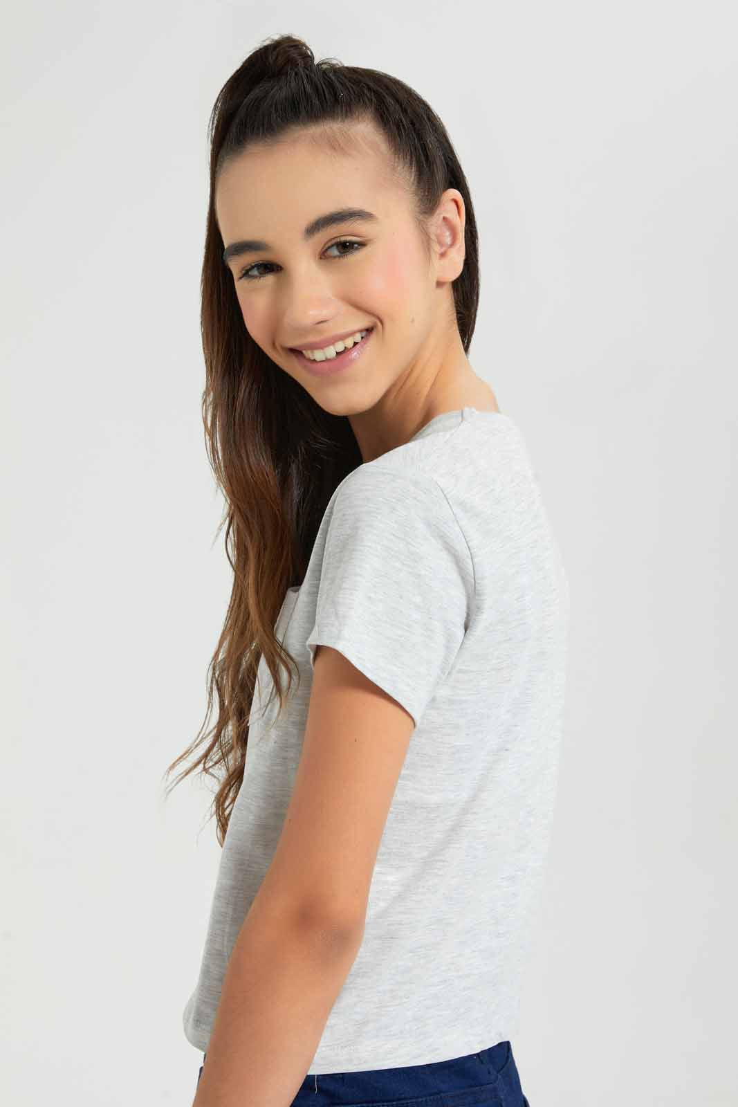 Redtag-Pink/Lt-Grey-2Pcs-Pack-T-Shirt-With-Pocket-Plain-T-Shirts-Senior-Girls-9 to 14 Years