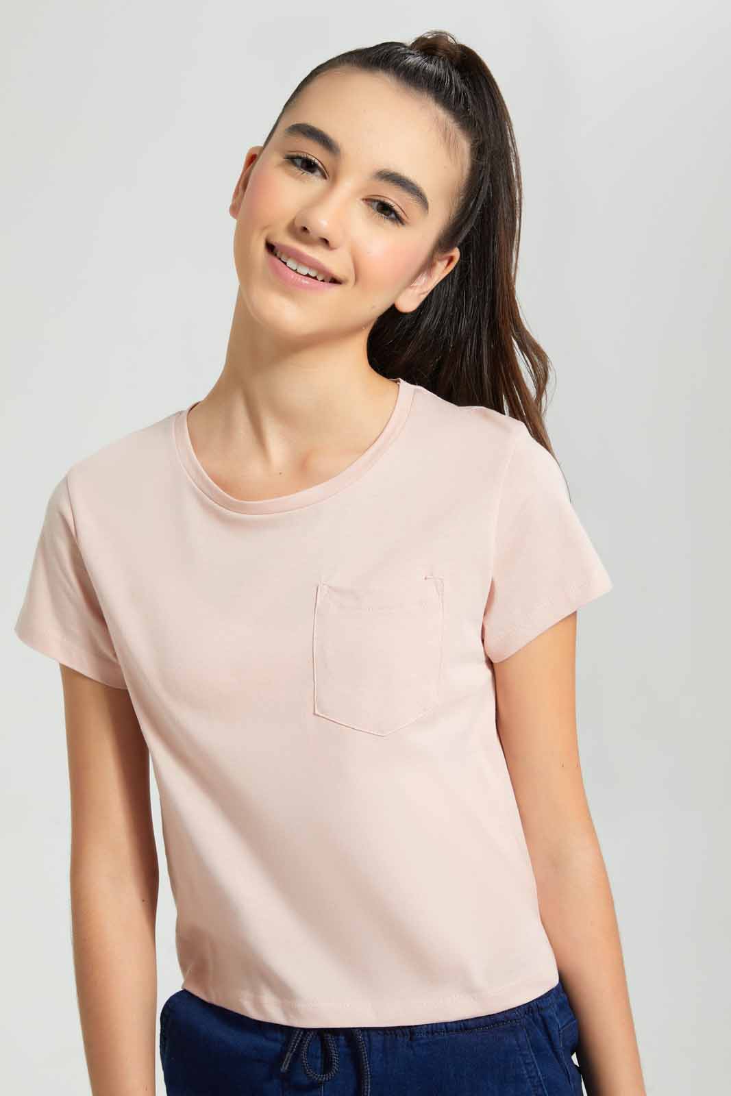 Redtag-Pink/Lt-Grey-2Pcs-Pack-T-Shirt-With-Pocket-Plain-T-Shirts-Senior-Girls-9 to 14 Years