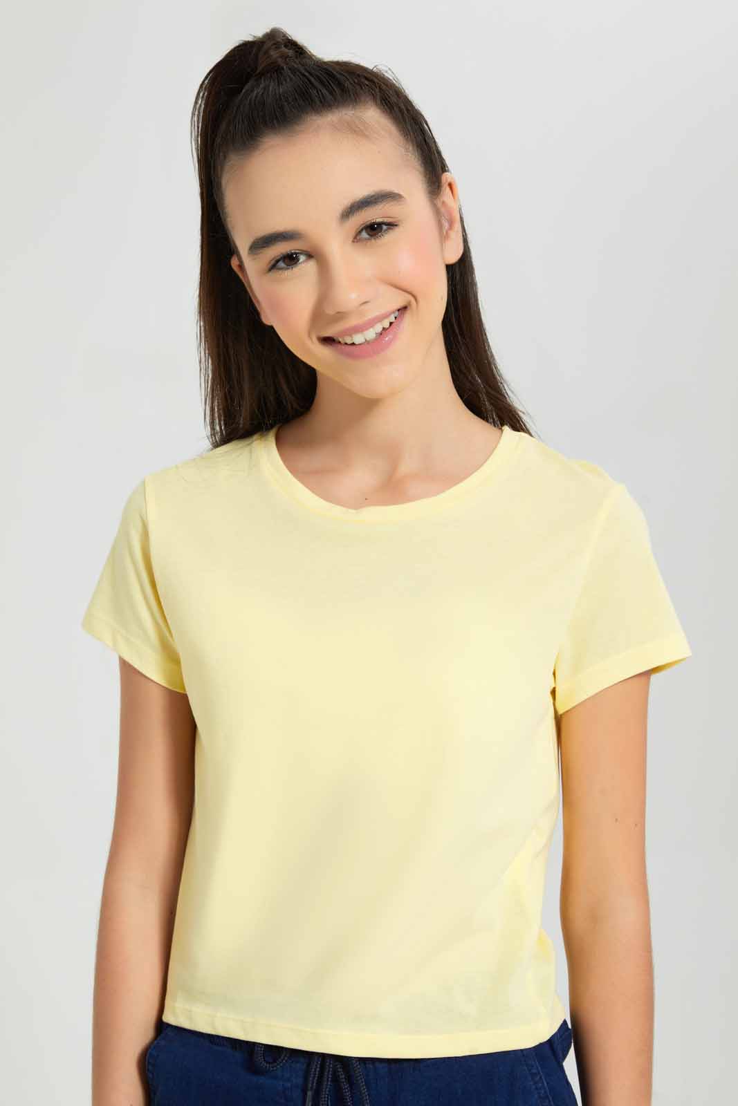 Redtag-Lt-Yellow/Lt-Blue-2Pcs-Pack-Crop-T-Shirt-Plain-T-Shirts-Senior-Girls-9 to 14 Years