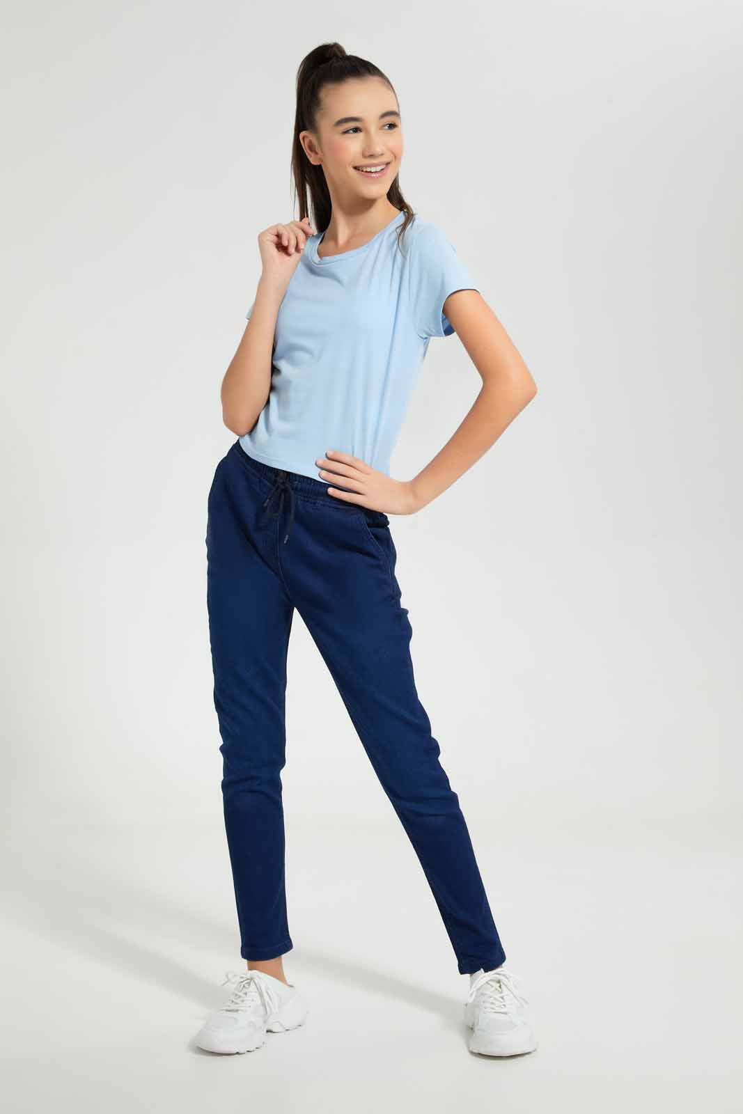 Redtag-Lt-Yellow/Lt-Blue-2Pcs-Pack-Crop-T-Shirt-Plain-T-Shirts-Senior-Girls-9 to 14 Years