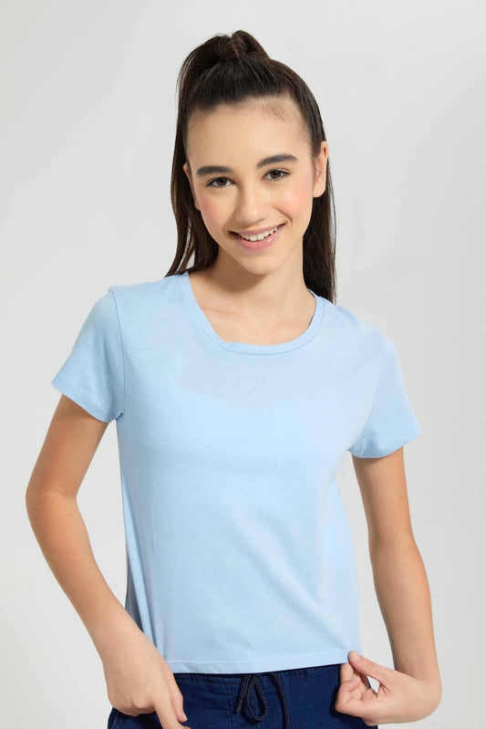 Redtag-Lt-Yellow/Lt-Blue-2Pcs-Pack-Crop-T-Shirt-Plain-T-Shirts-Senior-Girls-9 to 14 Years