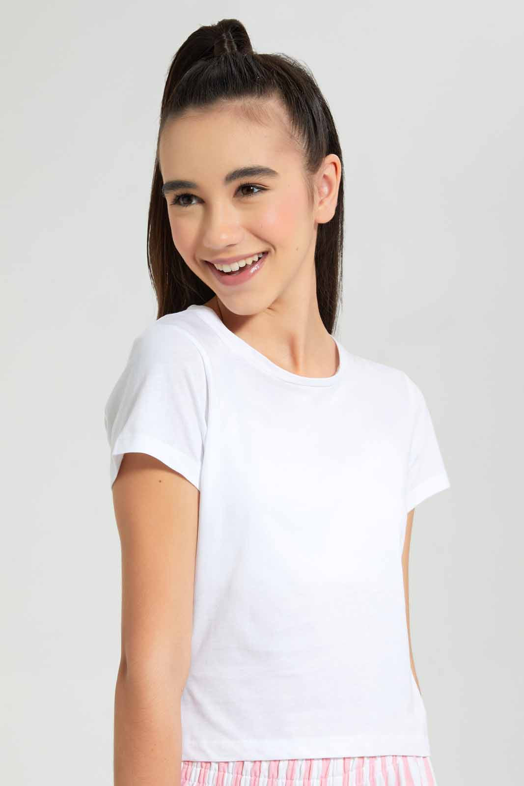 Redtag-Black/White-2Pcs-Pack-Crop-T-Shirt-Plain-T-Shirts-Senior-Girls-9 to 14 Years