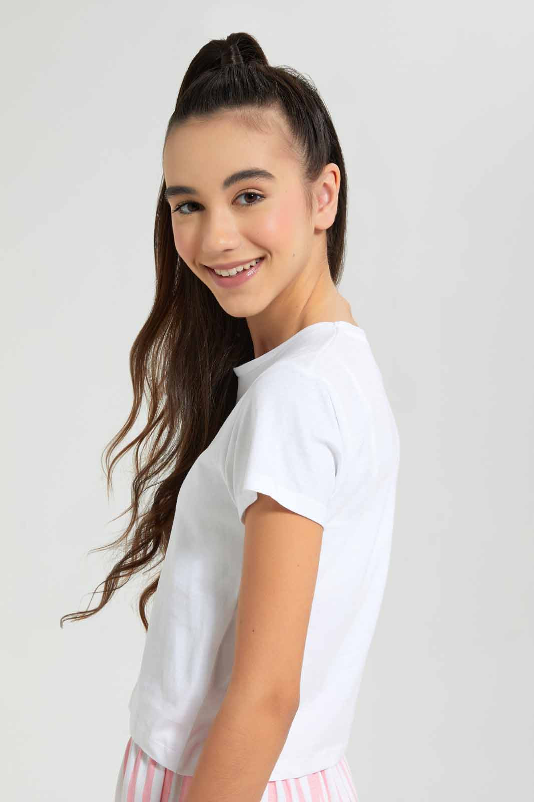 Redtag-Black/White-2Pcs-Pack-Crop-T-Shirt-Plain-T-Shirts-Senior-Girls-9 to 14 Years