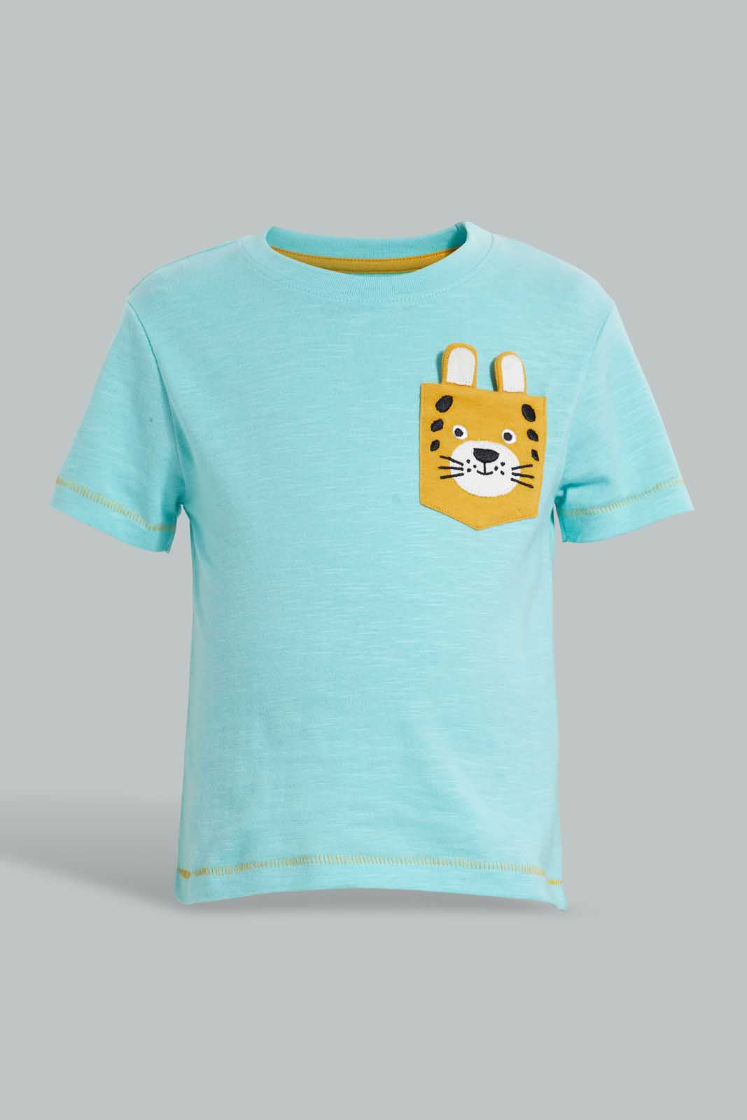 Redtag-Blue-Aqua-Tiger-Patch-Pocket-Short-Sleeve-Tshirt-Embellished-Infant-Boys-3 to 24 Months