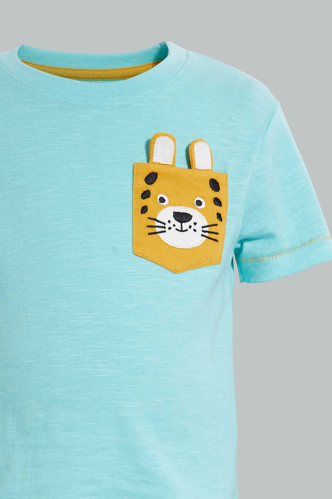 Redtag-Blue-Aqua-Tiger-Patch-Pocket-Short-Sleeve-Tshirt-Embellished-Infant-Boys-3 to 24 Months
