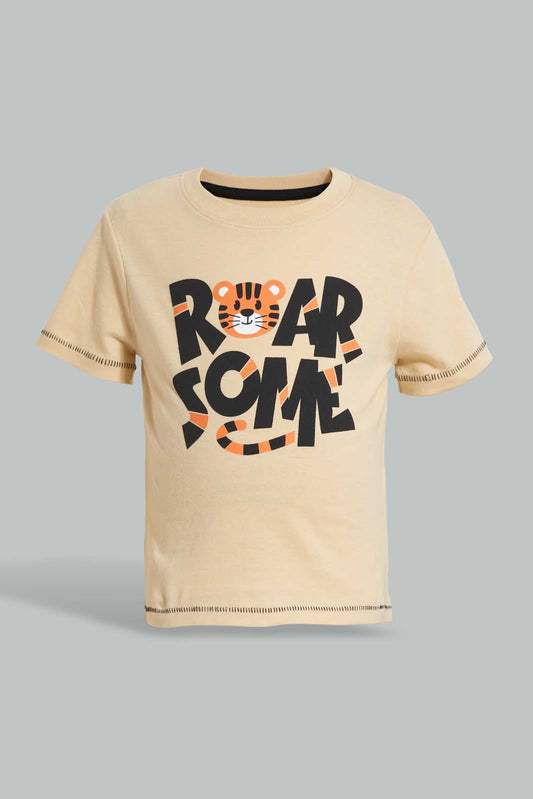 Redtag-Beige-Puff-Print-Short-Sleeve-Tshirt-All-Over-Prints-Infant-Boys-3 to 24 Months