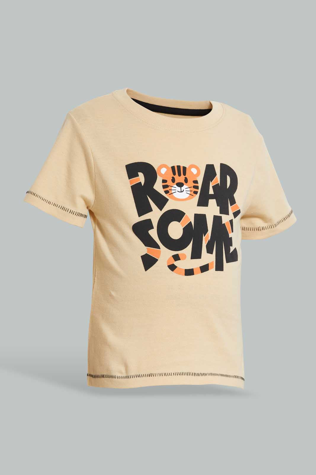 Redtag-Beige-Puff-Print-Short-Sleeve-Tshirt-All-Over-Prints-Infant-Boys-3 to 24 Months