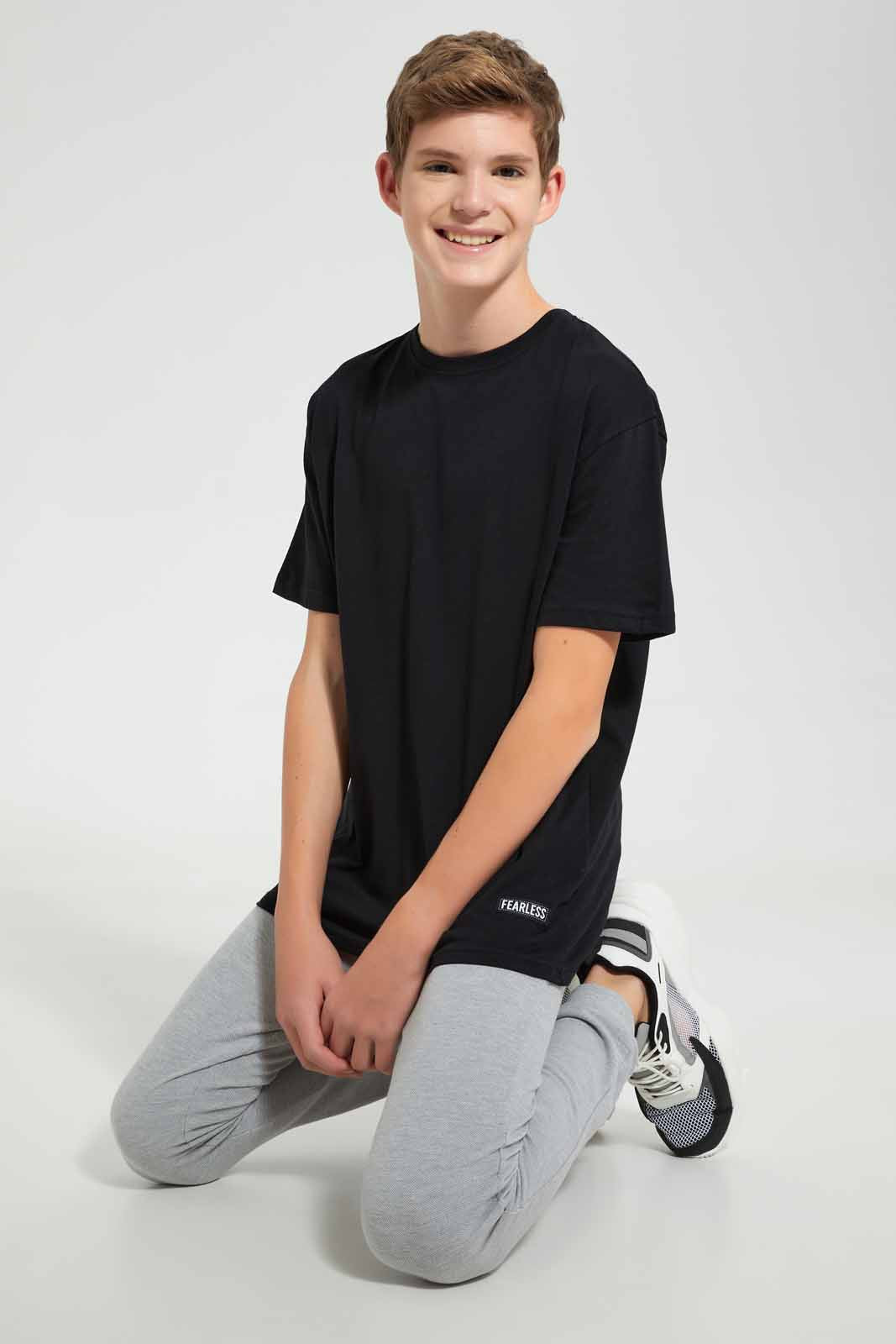 Redtag-Black-Plain-Keyshape-T-Shirt-Plain-T-Shirts-Senior-Boys-9 to 14 Years