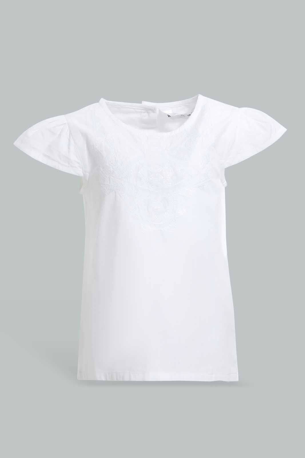 Redtag-White-Embroidred-Yoke-Cap-Sleeves-Blouse-Blouses-Infant-Girls-3 to 24 Months