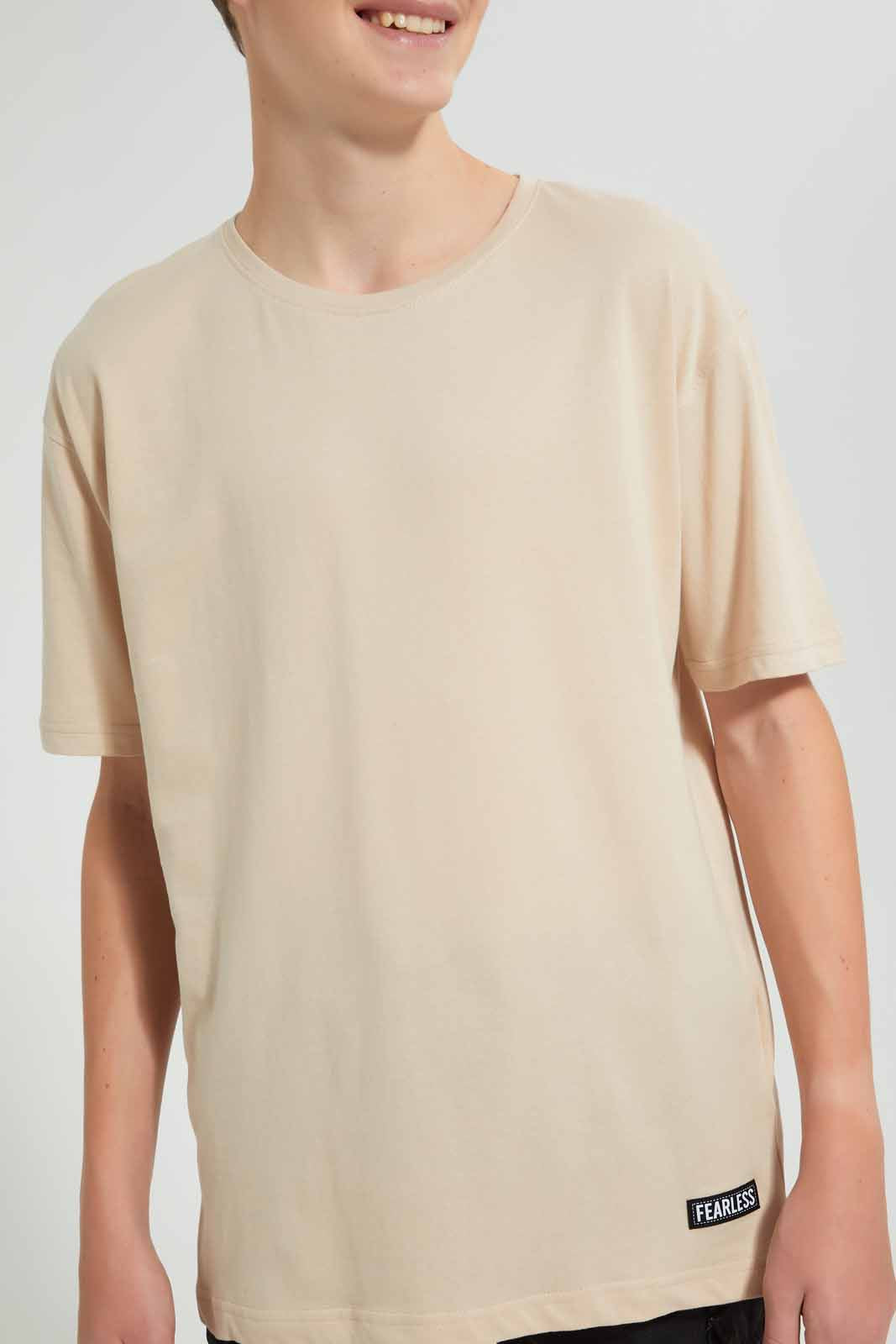 Redtag-Beige-Plain-Keyshape-T-Shirt-Plain-T-Shirts-Senior-Boys-9 to 14 Years