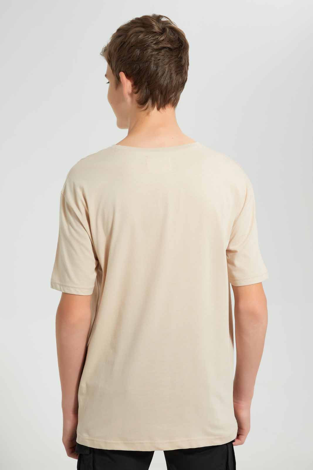 Redtag-Beige-Plain-Keyshape-T-Shirt-Plain-T-Shirts-Senior-Boys-9 to 14 Years
