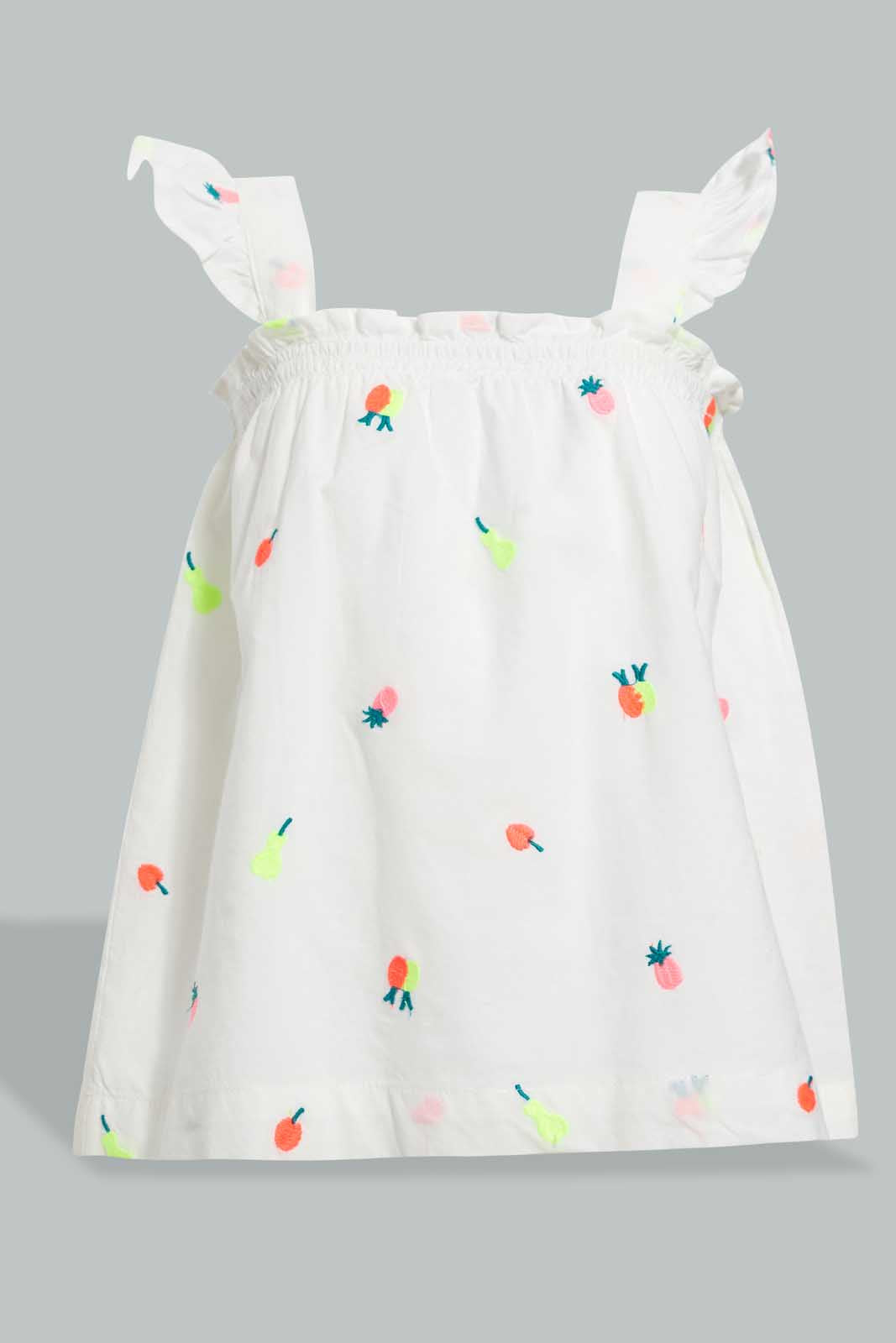 Redtag-White-Neon-Embroidery-Strappy-Sleeveless-Blouse-Blouses-Infant-Girls-3 to 24 Months