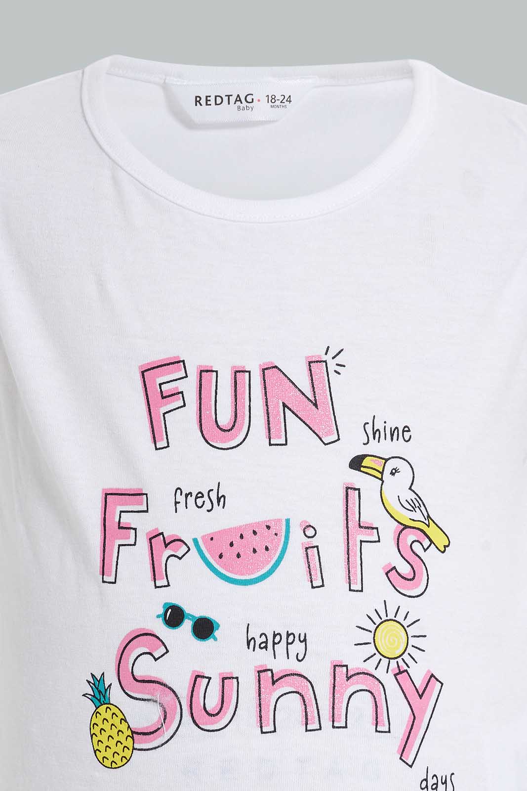 Redtag-White-Print-T-Shirt-With-Short-Sets-Infant-Girls-3 to 24 Months