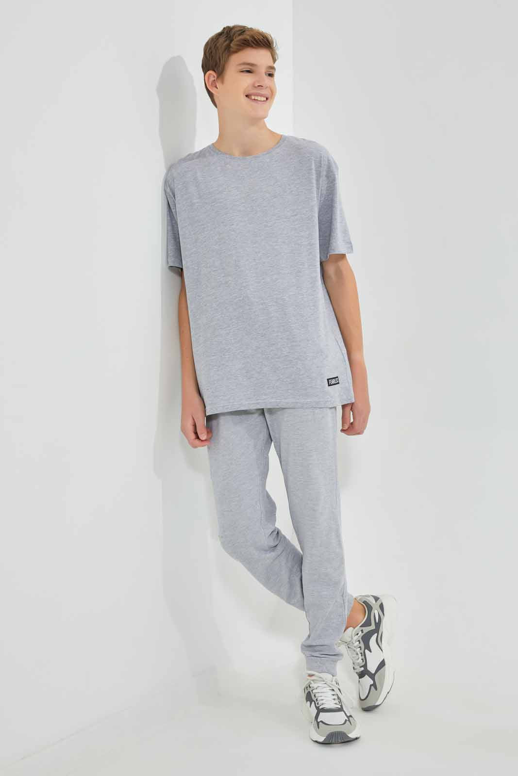 Redtag-Grey-Mel-Print-Keyshape-T-Shirt-Plain-T-Shirts-Senior-Boys-9 to 14 Years