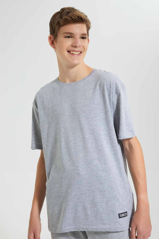 Redtag-Grey-Mel-Print-Keyshape-T-Shirt-Plain-T-Shirts-Senior-Boys-9 to 14 Years