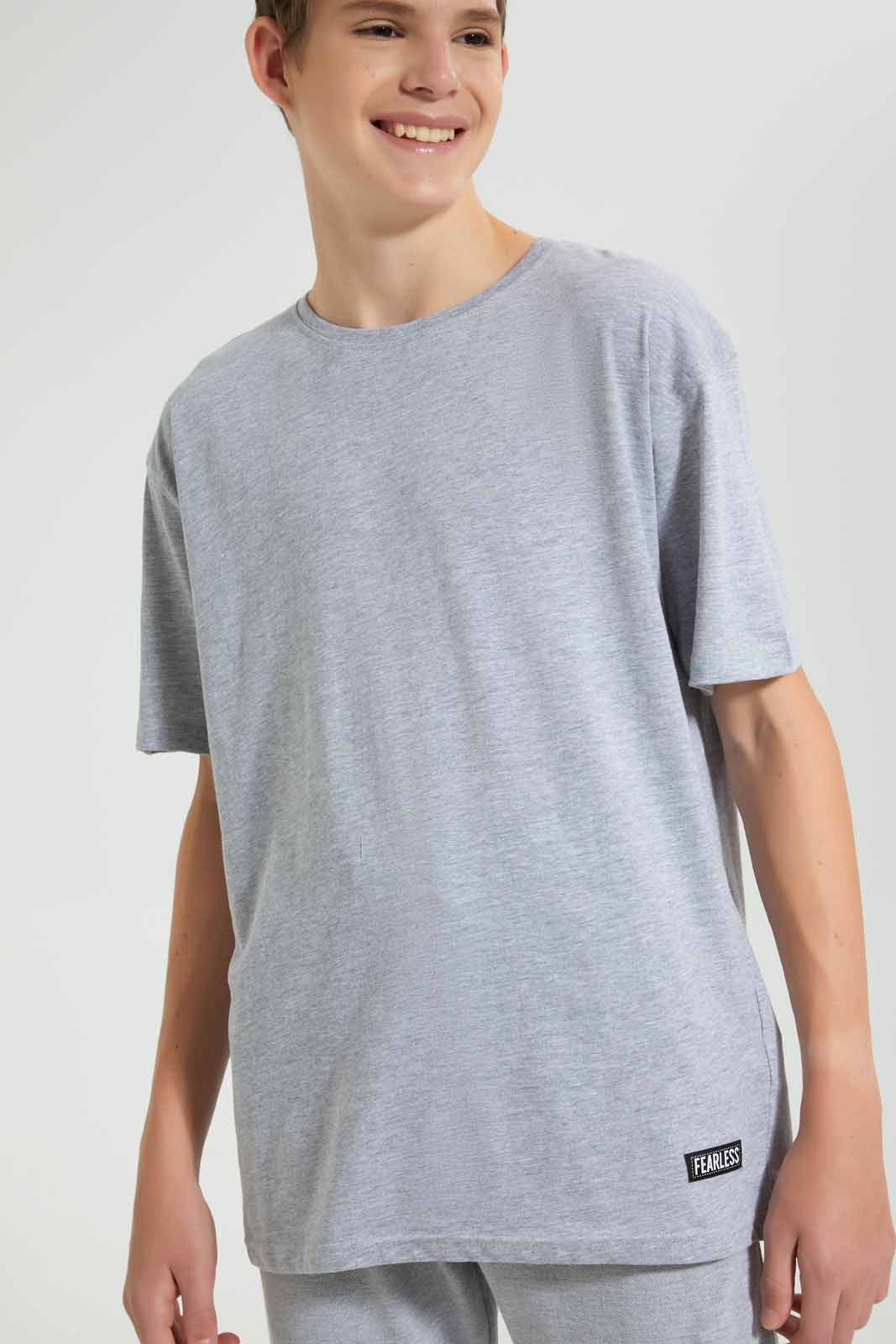 Redtag-Grey-Mel-Print-Keyshape-T-Shirt-Plain-T-Shirts-Senior-Boys-9 to 14 Years