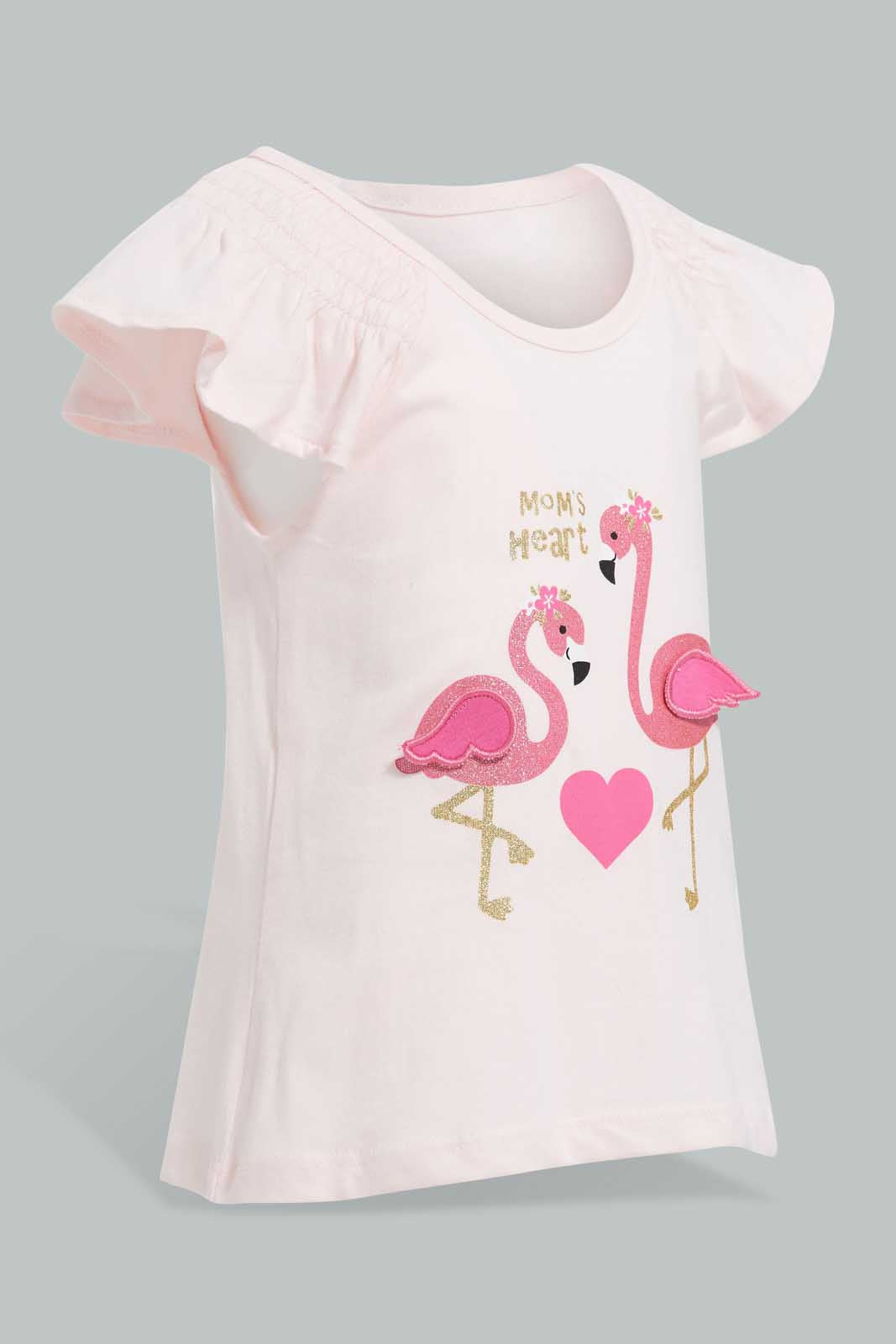 Redtag-Pink-Flamingo-Peek-A-Boo-Artwork-T-Shirt-Embellished-Infant-Girls-3 to 24 Months