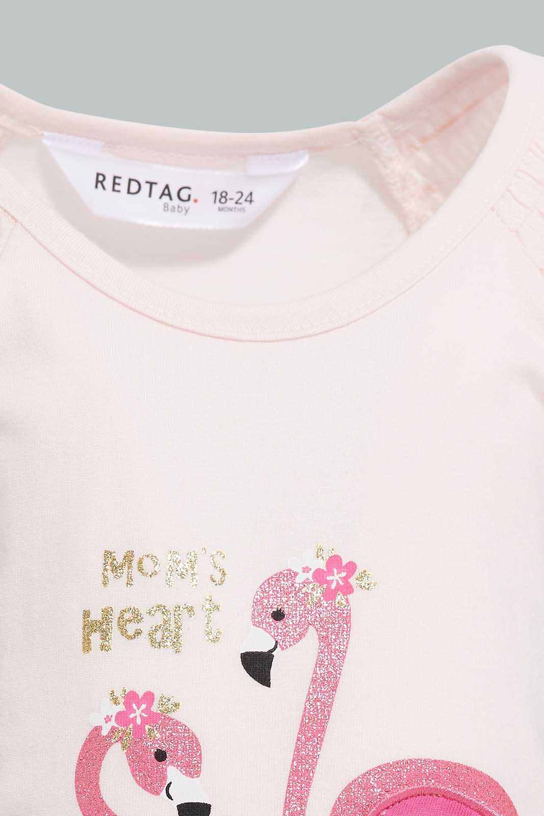 Redtag-Pink-Flamingo-Peek-A-Boo-Artwork-T-Shirt-Embellished-Infant-Girls-3 to 24 Months