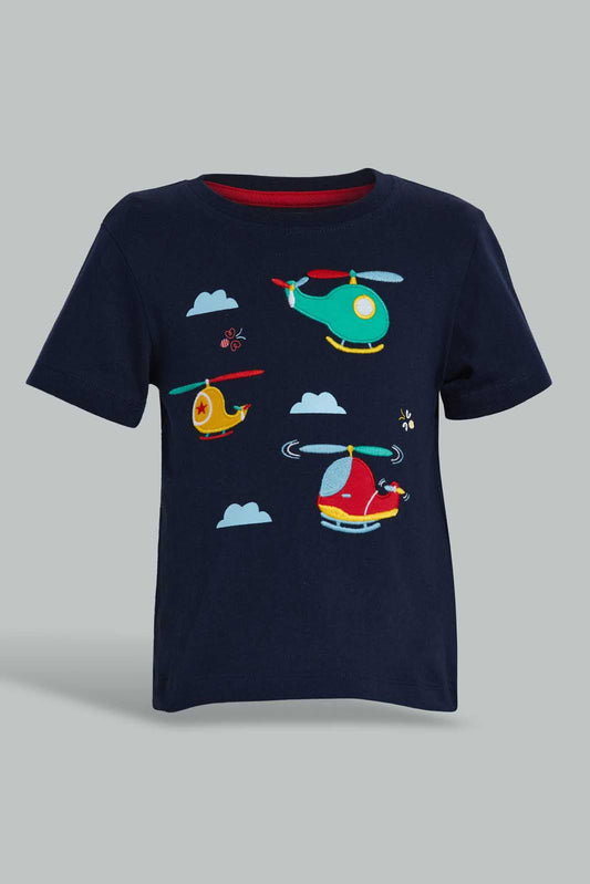 Redtag-Navy-Tshirt-With-Helicopter-Patch-Embellished-Infant-Boys-3 to 24 Months