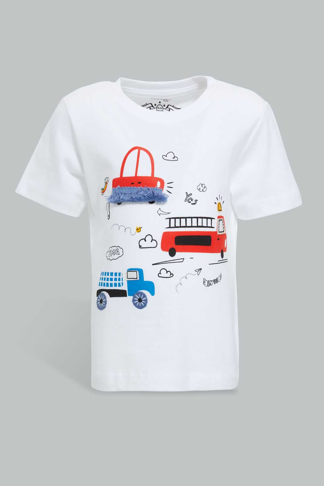 Redtag-White-Tshirt-With-Truck--Patch-Embellished-Infant-Boys-3 to 24 Months