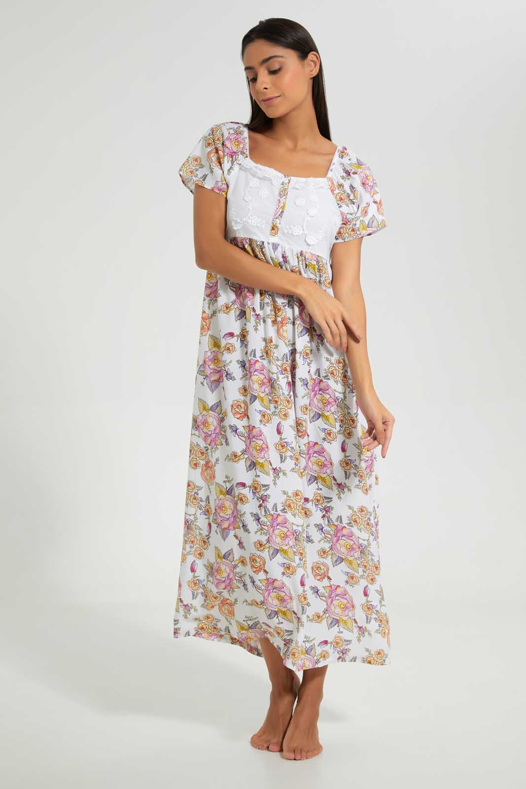 Redtag-White-Floral-Printed-Nightgown-Nightgowns-Women's-