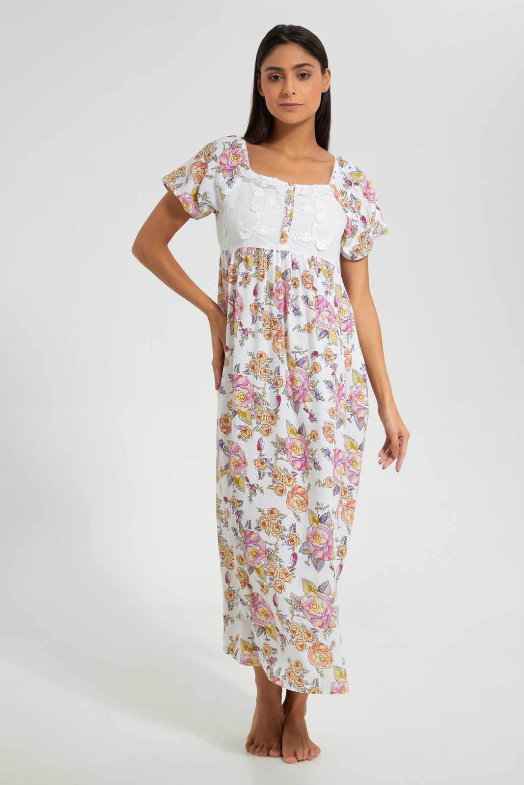 Redtag-White-Floral-Printed-Nightgown-Nightgowns-Women's-