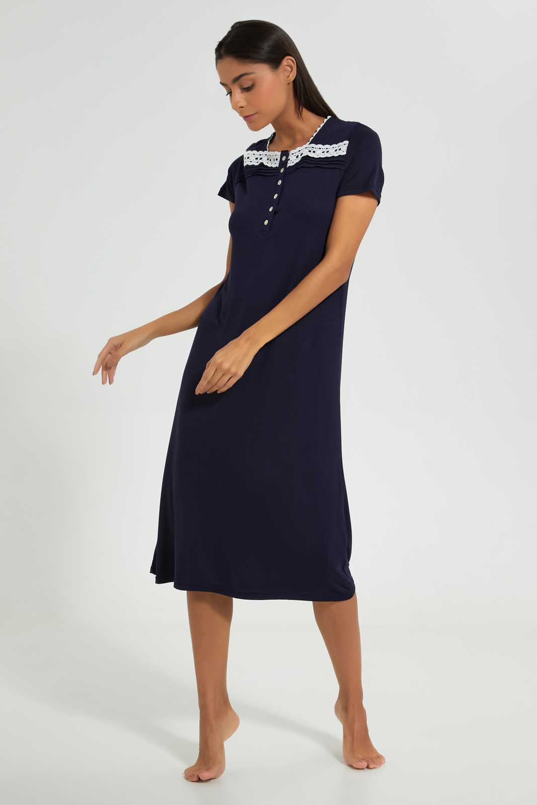 Redtag-Navy-Plain-Nightgown-With-Lace-Nightgowns-Women's-