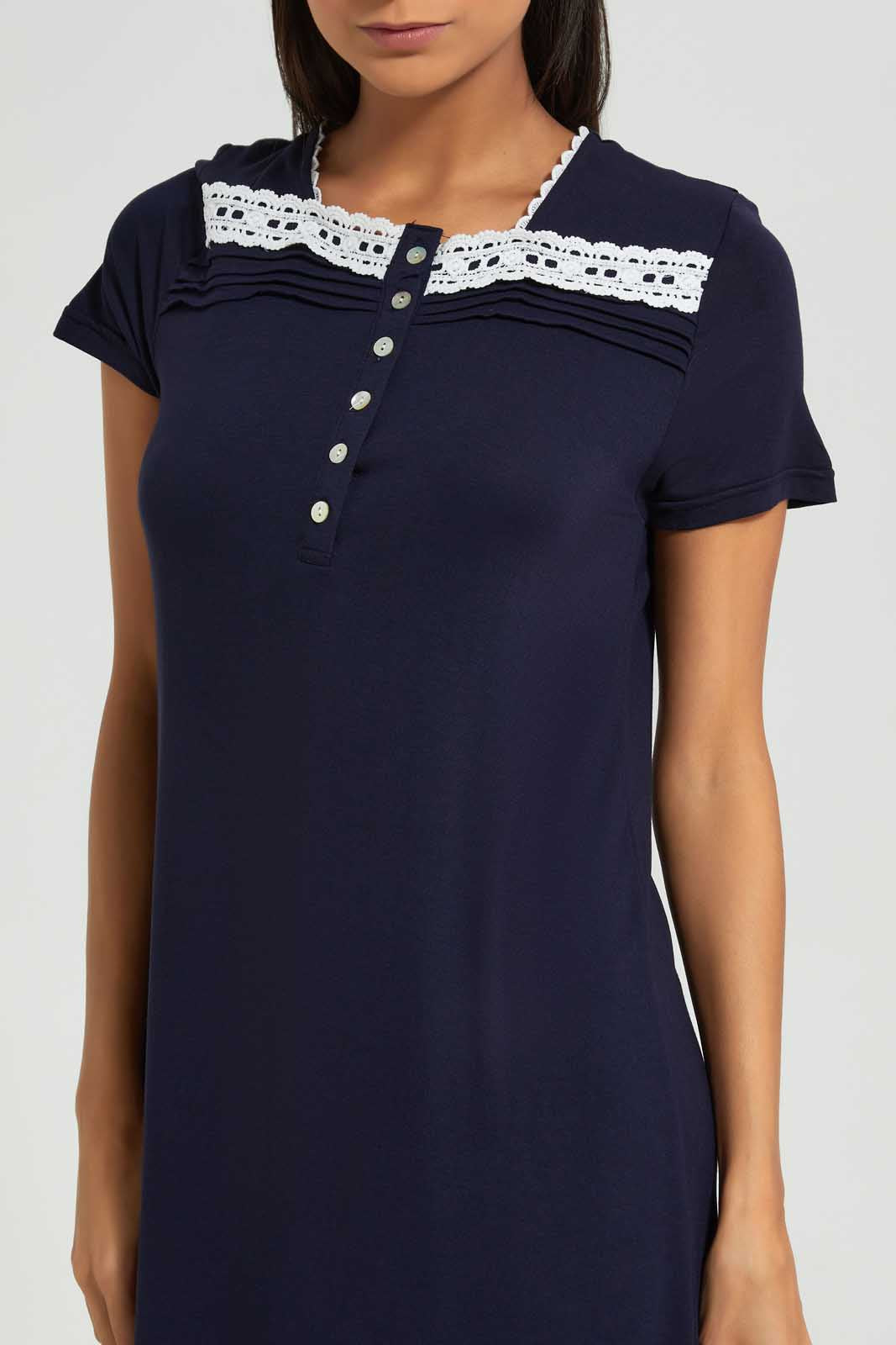 Redtag-Navy-Plain-Nightgown-With-Lace-Nightgowns-Women's-