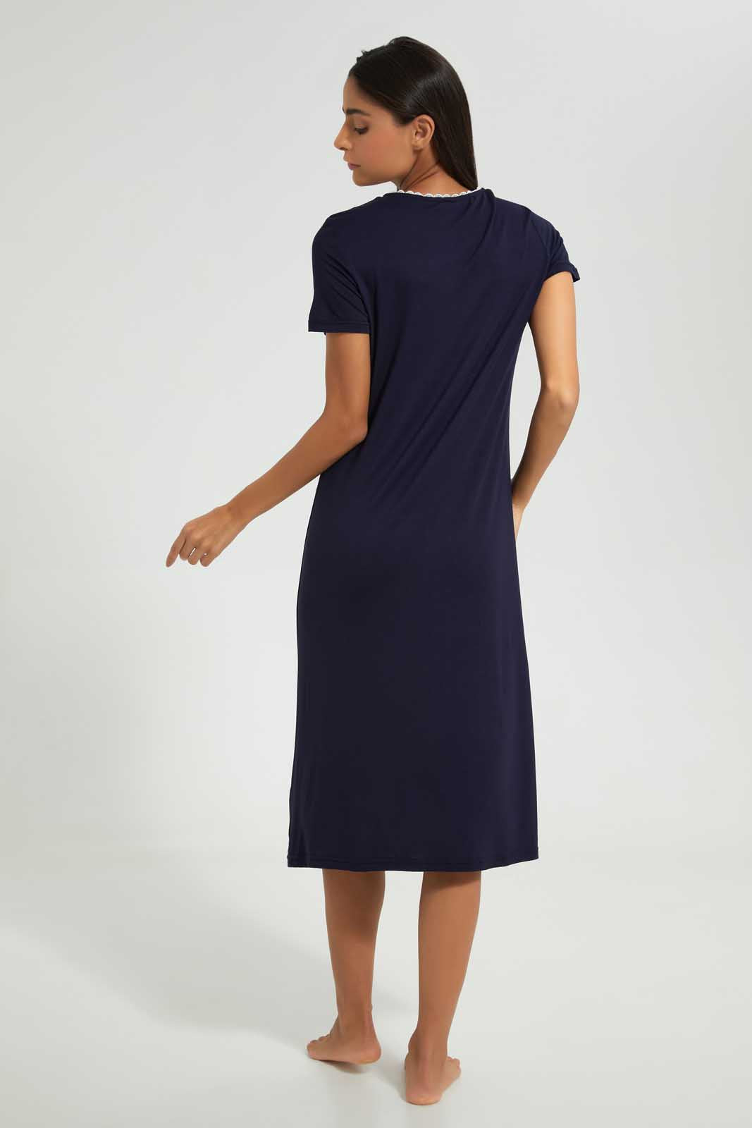 Redtag-Navy-Plain-Nightgown-With-Lace-Nightgowns-Women's-