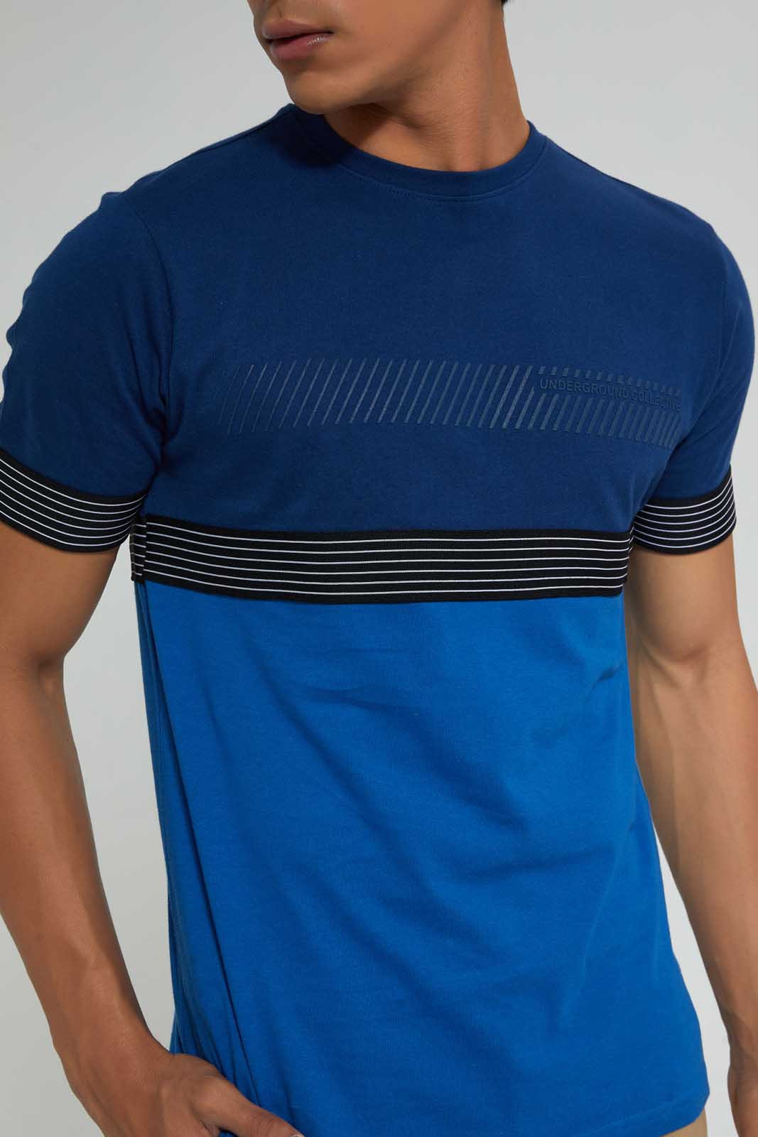 Redtag-Navy-And-Blue-Cut-&-Sew-T-Shirt-T-Shirts-Men's-