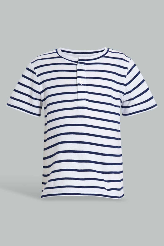 Redtag-Navy-Yd-Henley-T-Shirt-Striped-Infant-Boys-3 to 24 Months